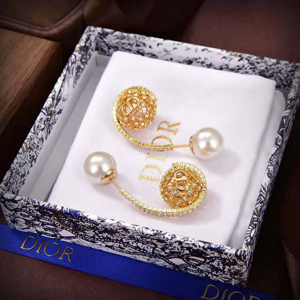 Dior Women Dior Tribales Earrings Gold-Finish Metal with White Resin Pearls and Silver-Tone Crystals (3)