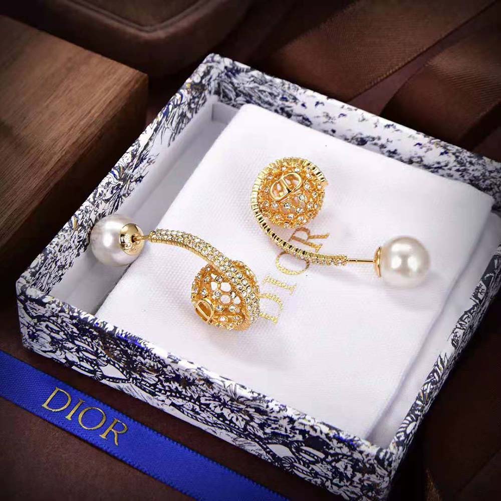 Dior Women Dior Tribales Earrings Gold-Finish Metal with White Resin Pearls and Silver-Tone Crystals (5)