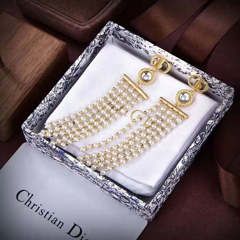 Dior Women La Parisienne Earrings Gold-Finish Metal with White Resin Pearls and Mirrors (2)