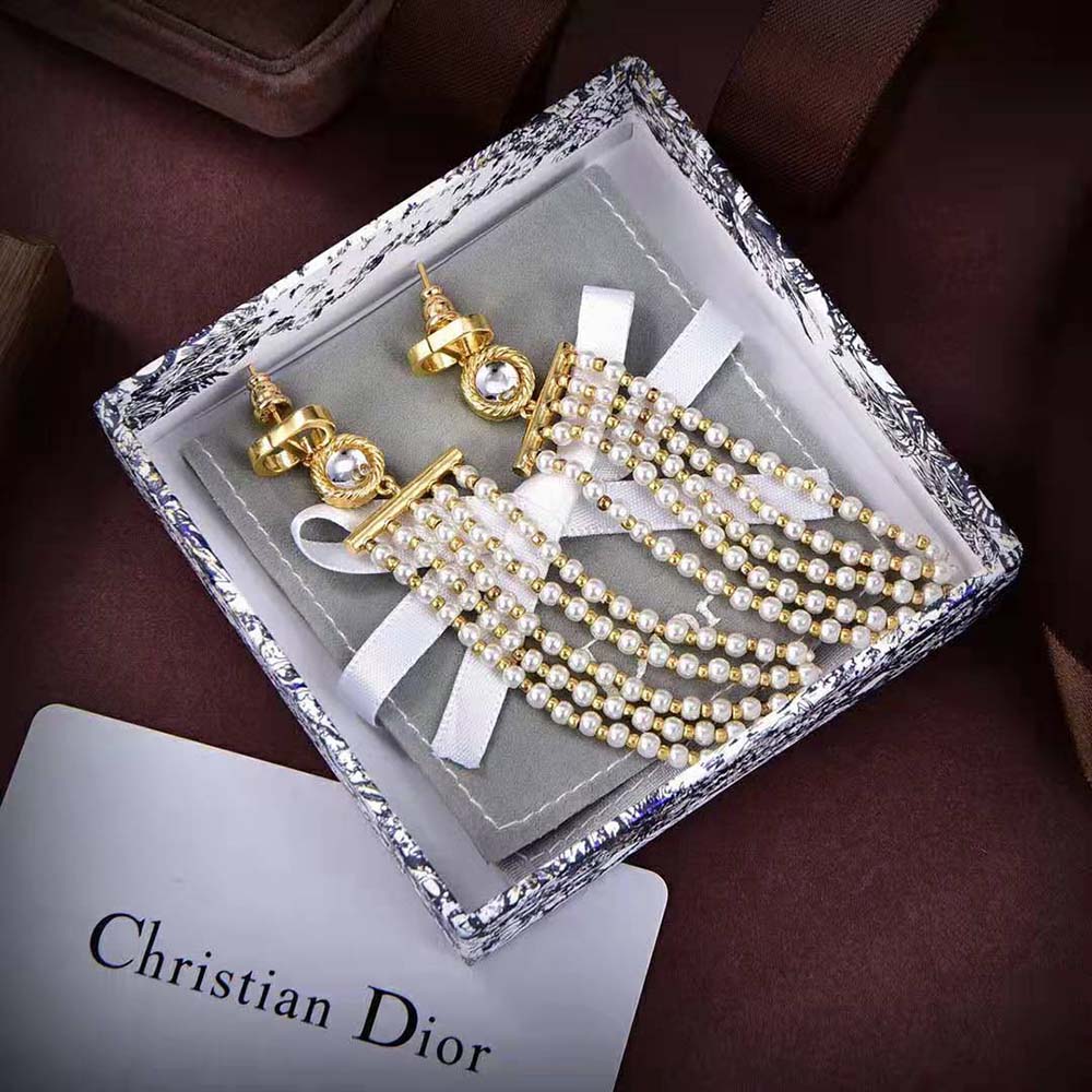 Dior Women La Parisienne Earrings Gold-Finish Metal with White Resin Pearls and Mirrors (3)