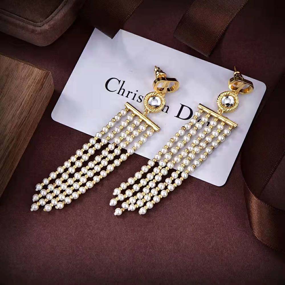 Dior Women La Parisienne Earrings Gold-Finish Metal with White Resin Pearls and Mirrors (4)