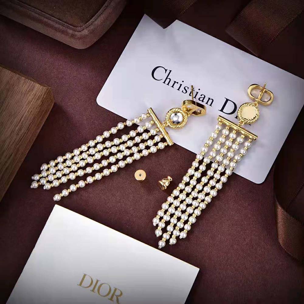 Dior Women La Parisienne Earrings Gold-Finish Metal with White Resin Pearls and Mirrors (5)