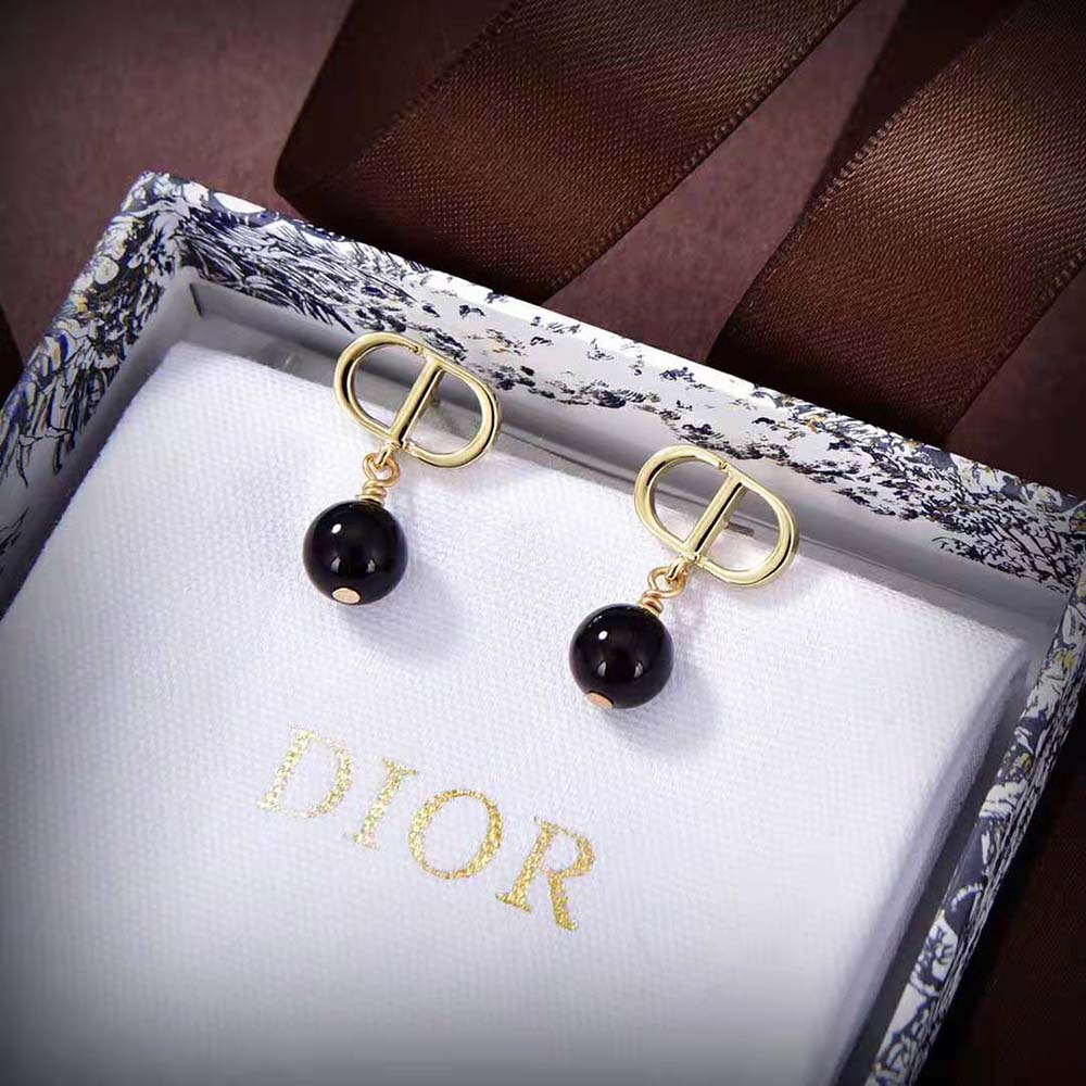 Dior Women Petit CD Earrings Gold-Finish Metal and Black Resin Pearls (2)