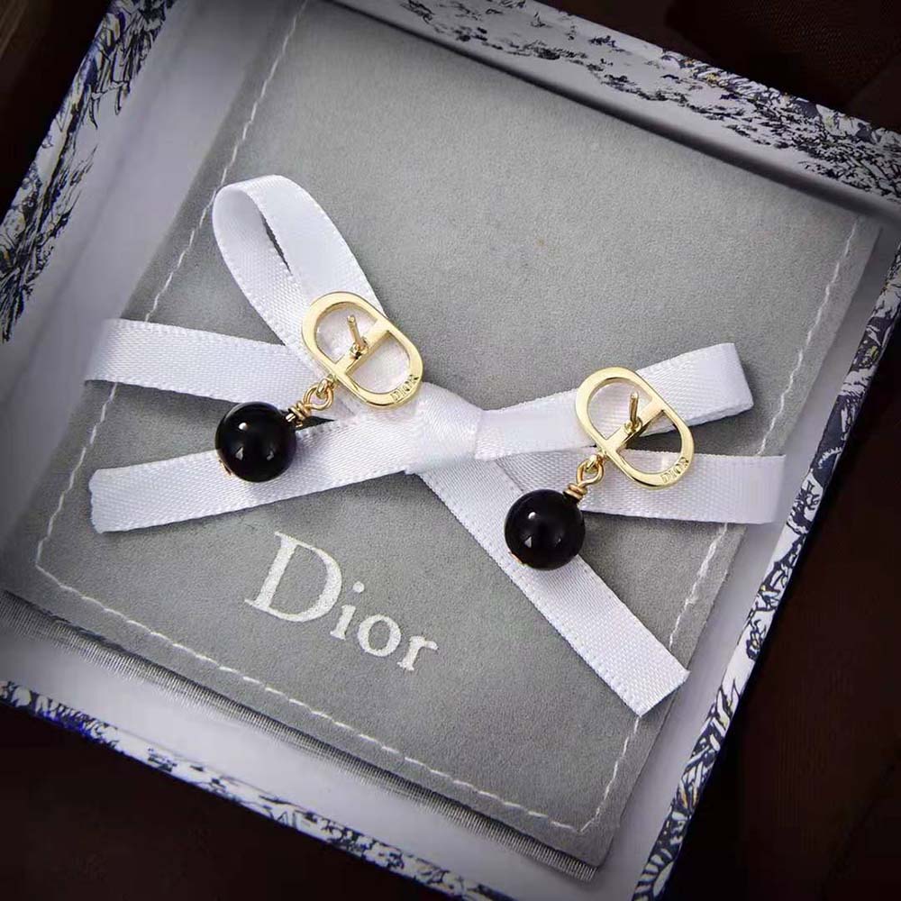 Dior Women Petit CD Earrings Gold-Finish Metal and Black Resin Pearls (3)