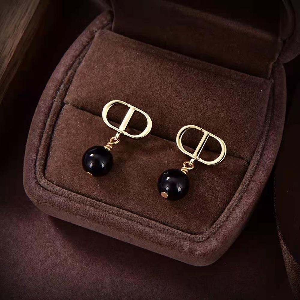 Dior Women Petit CD Earrings Gold-Finish Metal and Black Resin Pearls (6)