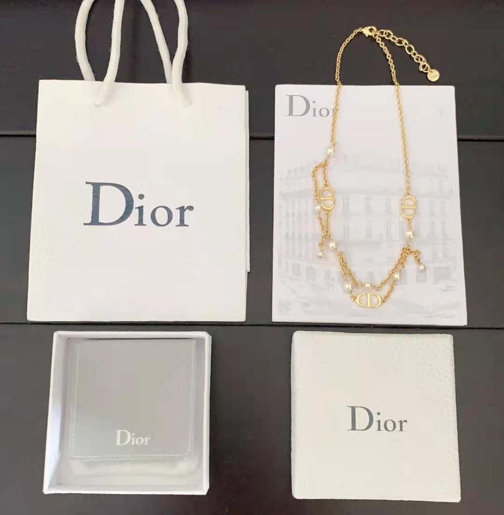 Dior Women Petit CD Necklace Gold-Finish Metal and White Resin Pearls (4)