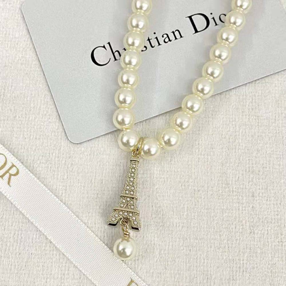 Dior Women Plan De Paris Choker Gold-Finish Metal and White Resin Pearls (6)