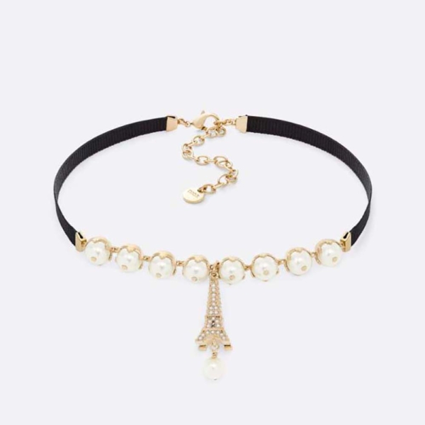 Dior Women Plan De Paris Choker Gold-Finish Metal with Black Grosgrain and White Resin Pearls (1)