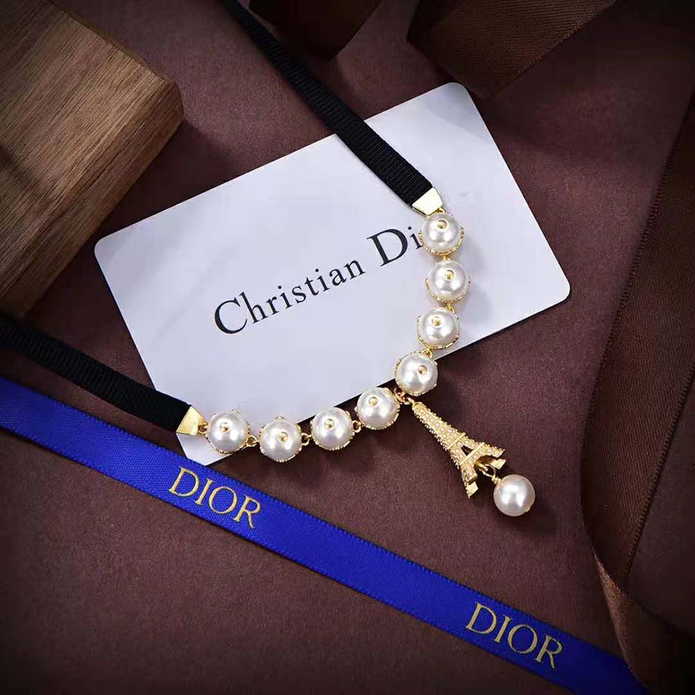 Dior Women Plan De Paris Choker Gold-Finish Metal with Black Grosgrain and White Resin Pearls (2)