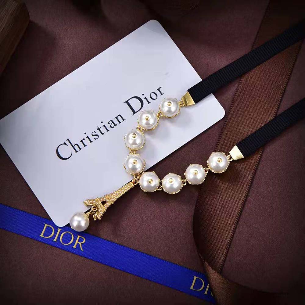 Dior Women Plan De Paris Choker Gold-Finish Metal with Black Grosgrain and White Resin Pearls (3)