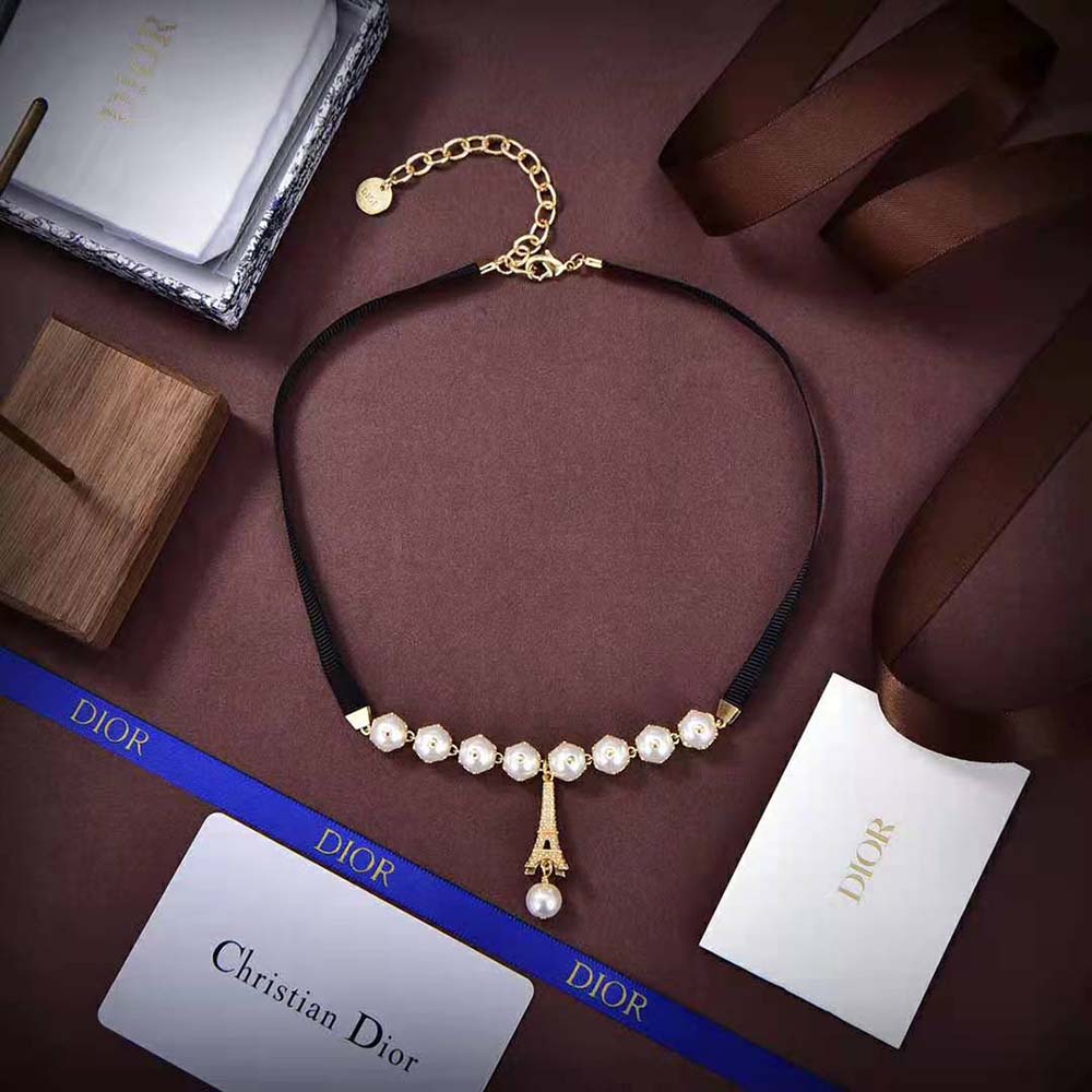 Dior Women Plan De Paris Choker Gold-Finish Metal with Black Grosgrain and White Resin Pearls (5)