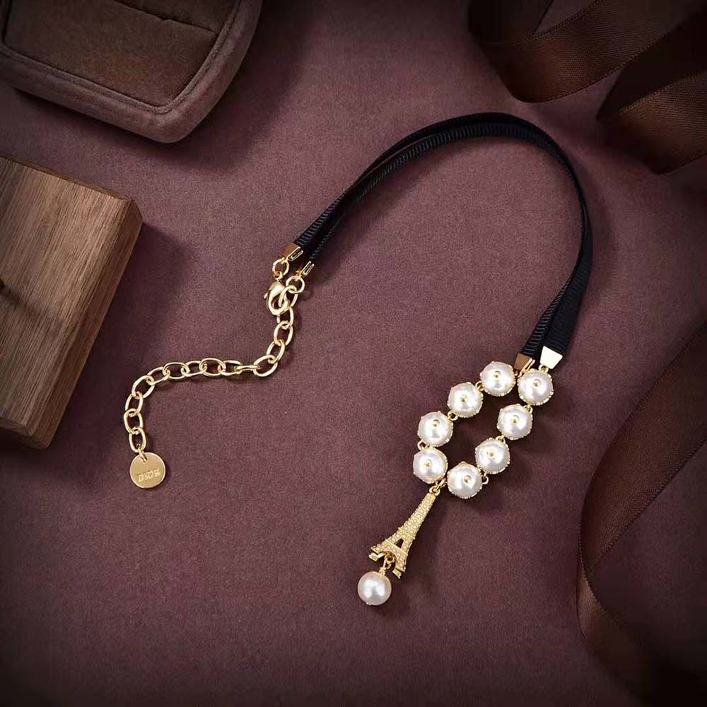 Dior Women Plan De Paris Choker Gold-Finish Metal with Black Grosgrain and White Resin Pearls (6)