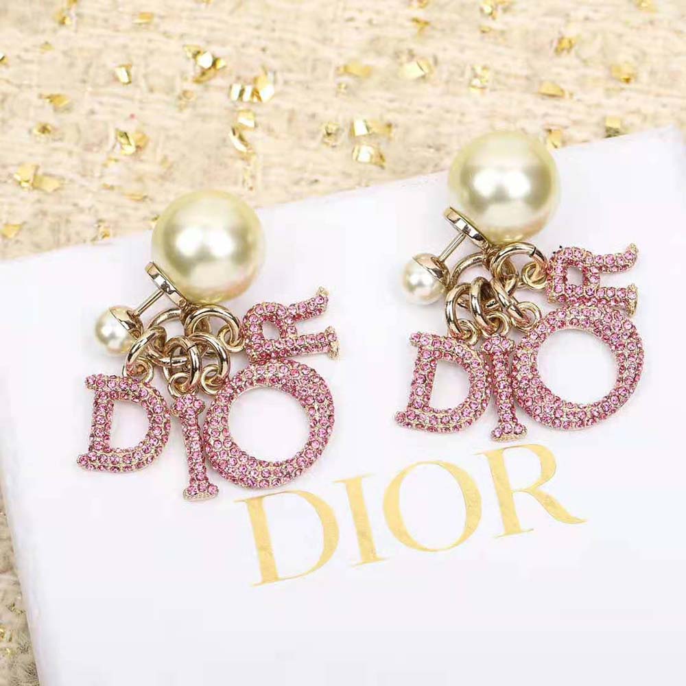 Dior Women Tribales Earring Gold-Finish Metal with White Resin Pearls and Fuchsia Crystals (2)