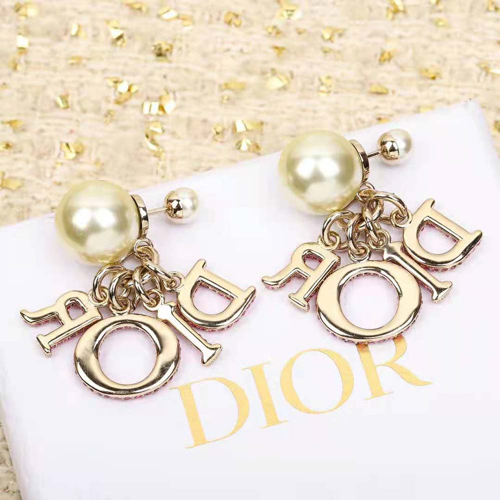 Dior Women Tribales Earring Gold-Finish Metal with White Resin Pearls and Fuchsia Crystals (3)