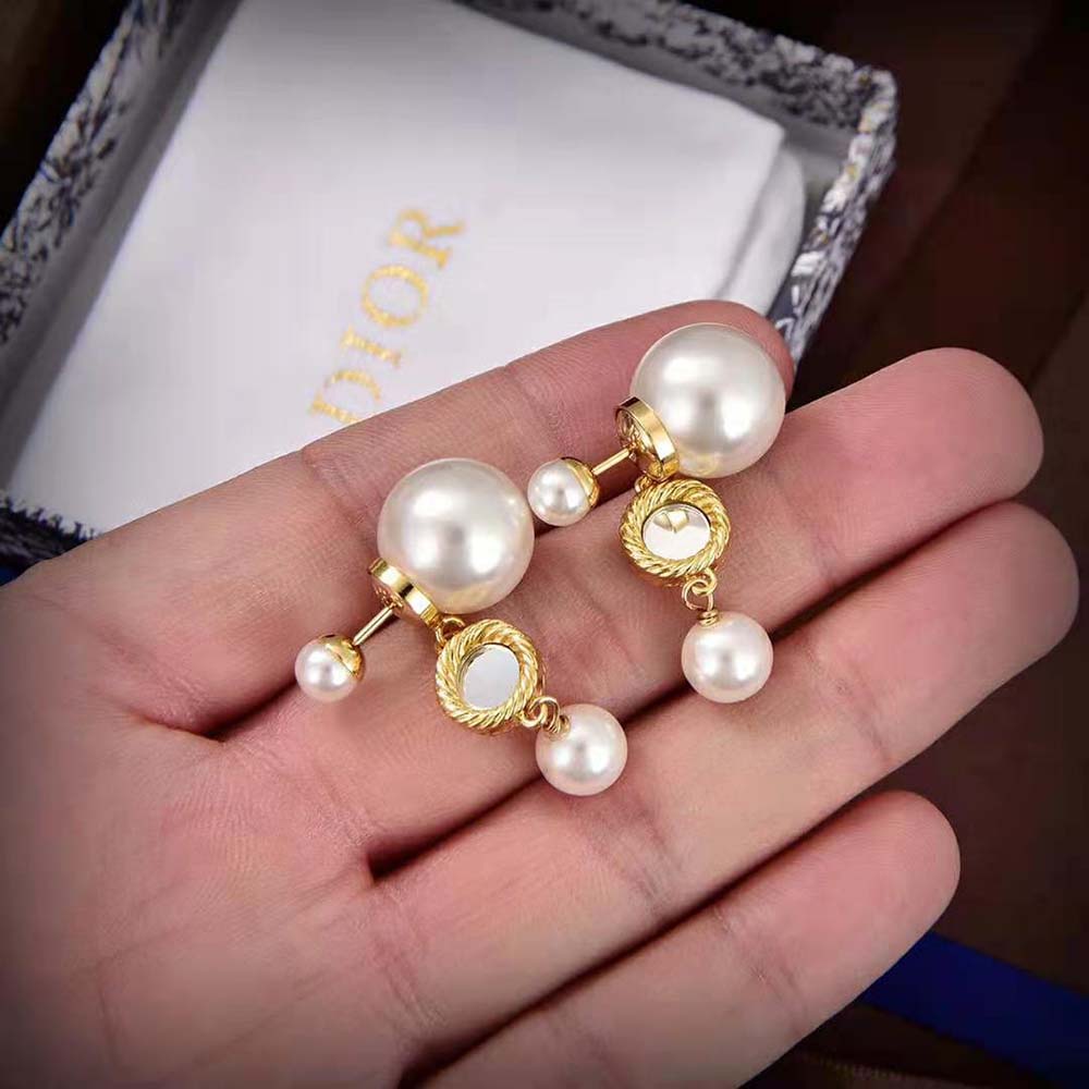 Dior Women Tribales Earring Gold-Finish Metal with White Resin Pearls and Mirrors (3)