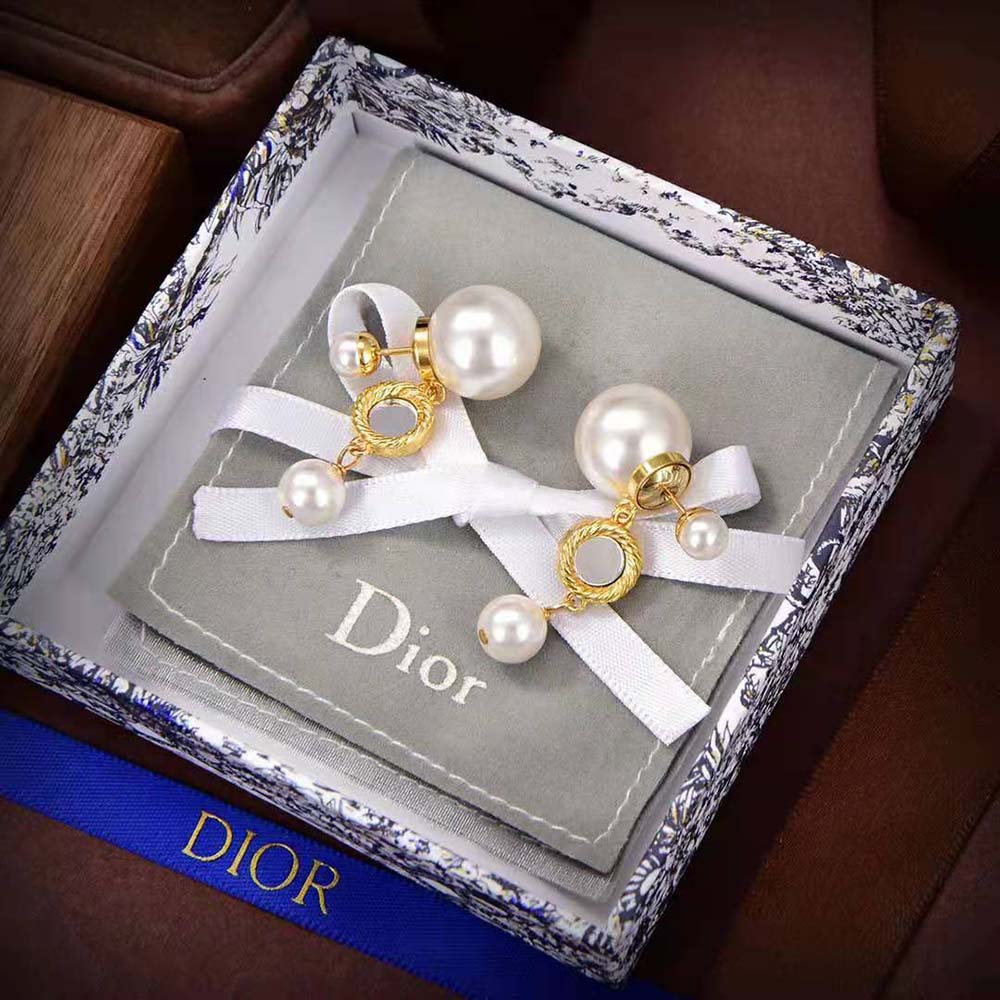 Dior Women Tribales Earring Gold-Finish Metal with White Resin Pearls and Mirrors (4)