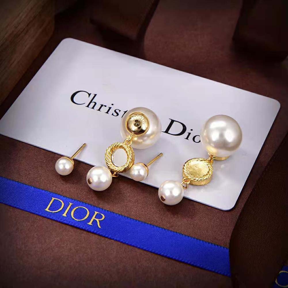 Dior Women Tribales Earring Gold-Finish Metal with White Resin Pearls and Mirrors (6)