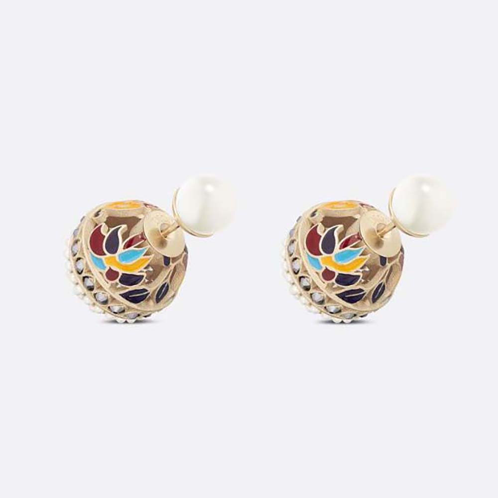 Dior Women Tribales Earrings Gold-Finish Metal with White Resin Pearls, Silver-Tone Crystals