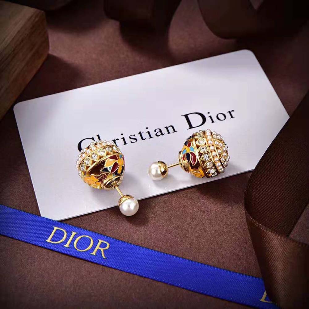 Dior Women Tribales Earrings Gold-Finish Metal with White Resin Pearls, Silver-Tone Crystals (2)