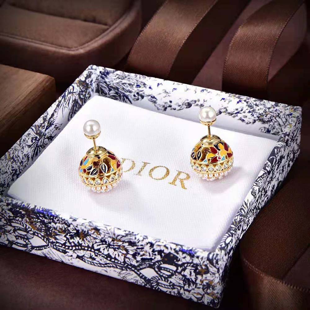 Dior Women Tribales Earrings Gold-Finish Metal with White Resin Pearls, Silver-Tone Crystals (3)