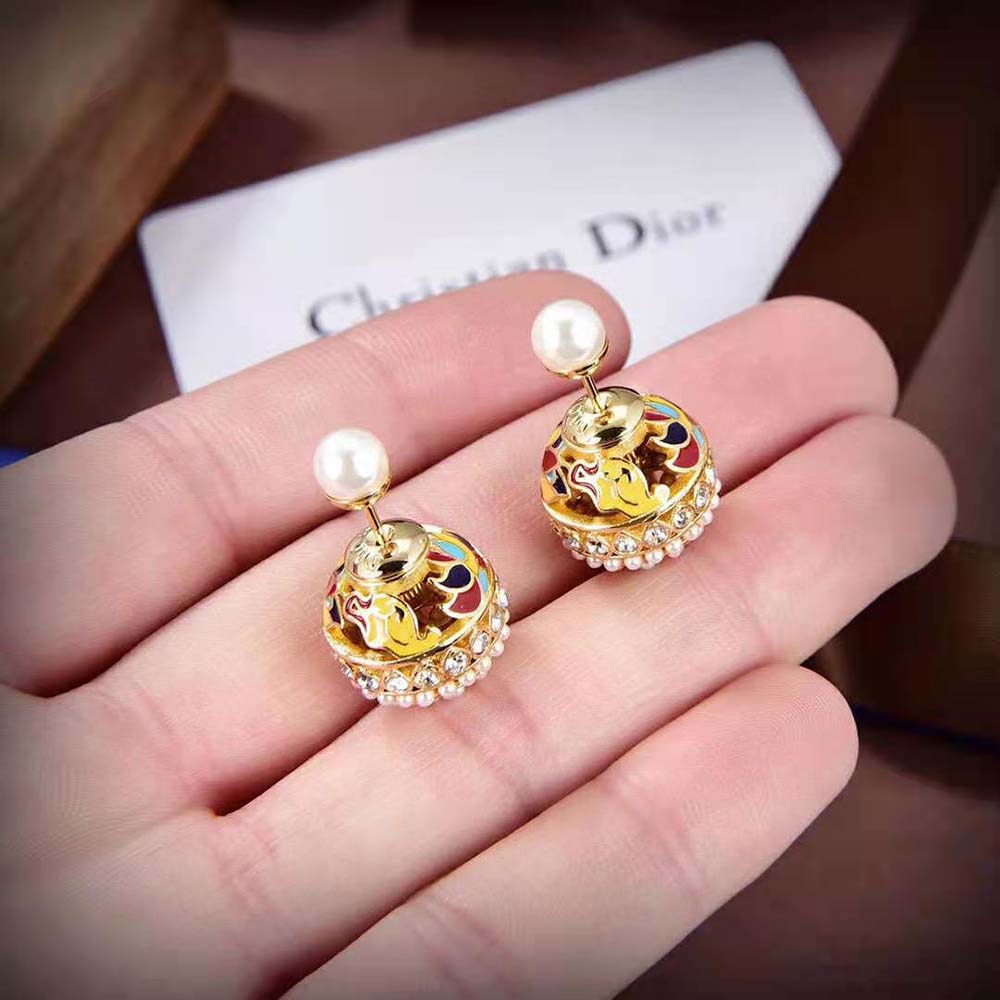 Dior Women Tribales Earrings Gold-Finish Metal with White Resin Pearls, Silver-Tone Crystals (4)