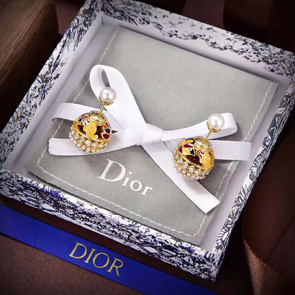 Dior Women Tribales Earrings Gold-Finish Metal with White Resin Pearls, Silver-Tone Crystals (5)