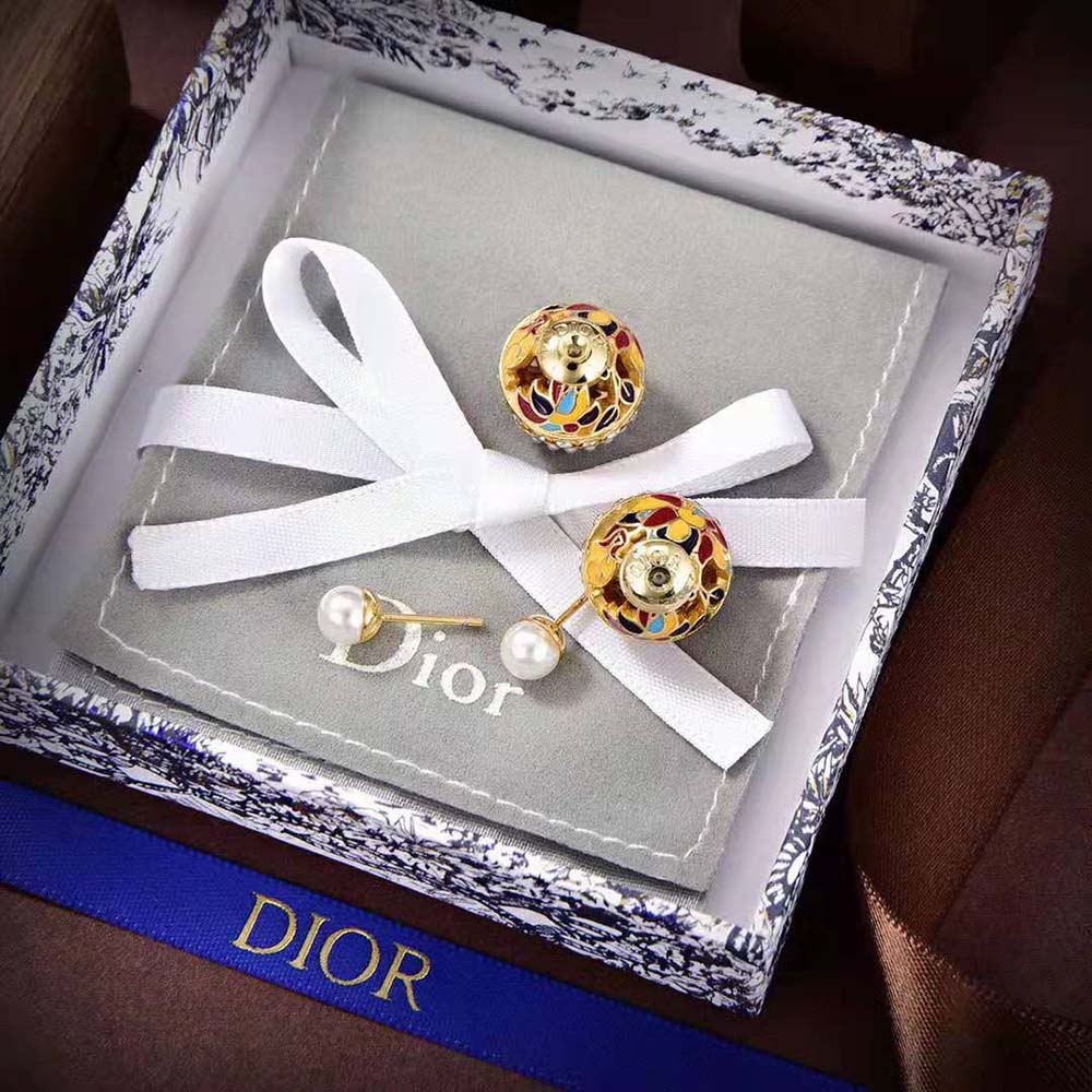 Dior Women Tribales Earrings Gold-Finish Metal with White Resin Pearls, Silver-Tone Crystals (6)