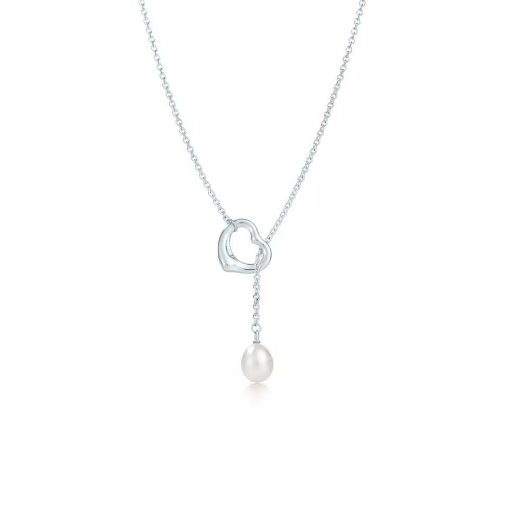 Tiffany Open Heart Lariat Necklace in Silver with Pearls