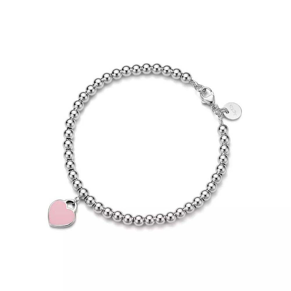 Tiffany Pink Mini Heart Bead Bracelet in Silver with a Diamond