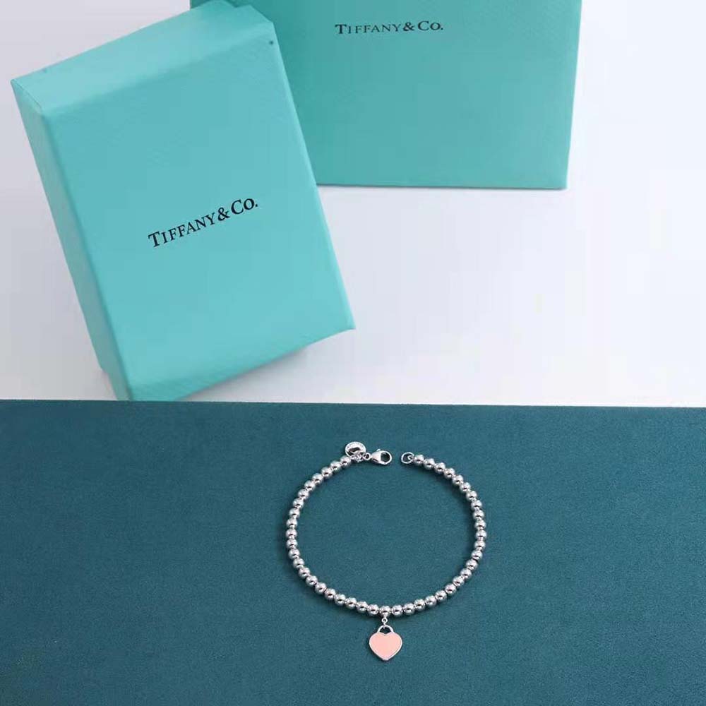 Tiffany Pink Mini Heart Bead Bracelet in Silver with a Diamond (2)