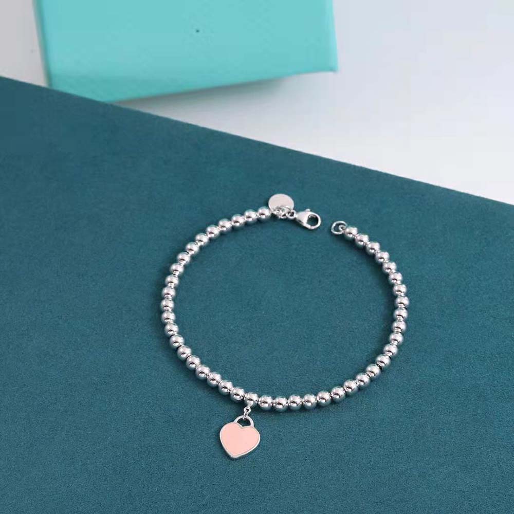 Tiffany Pink Mini Heart Bead Bracelet in Silver with a Diamond (3)