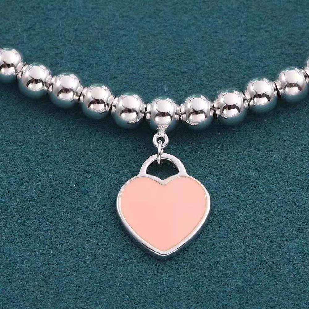 Tiffany Pink Mini Heart Bead Bracelet in Silver with a Diamond (4)