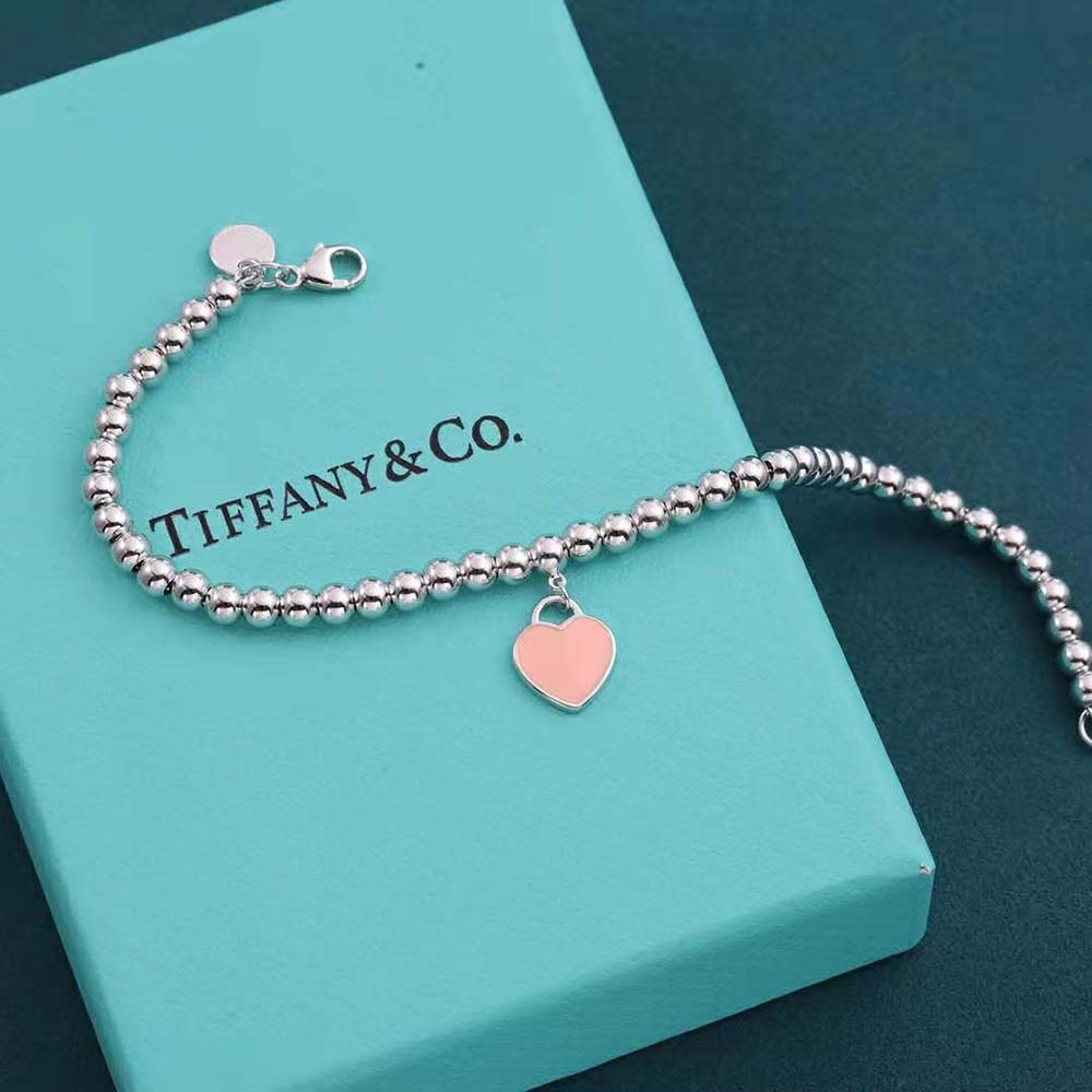 Tiffany Pink Mini Heart Bead Bracelet in Silver with a Diamond (6)
