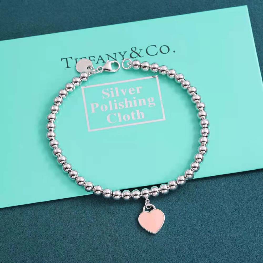 Tiffany Pink Mini Heart Bead Bracelet in Silver with a Diamond (7)