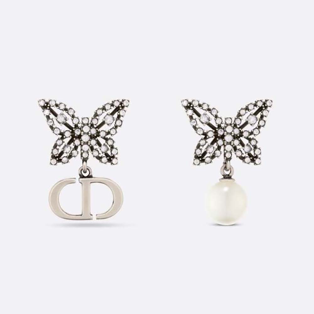 Dior Women Papillon De Nuit Earrings Antique Silver-Finish Metal with White Resin Pearl