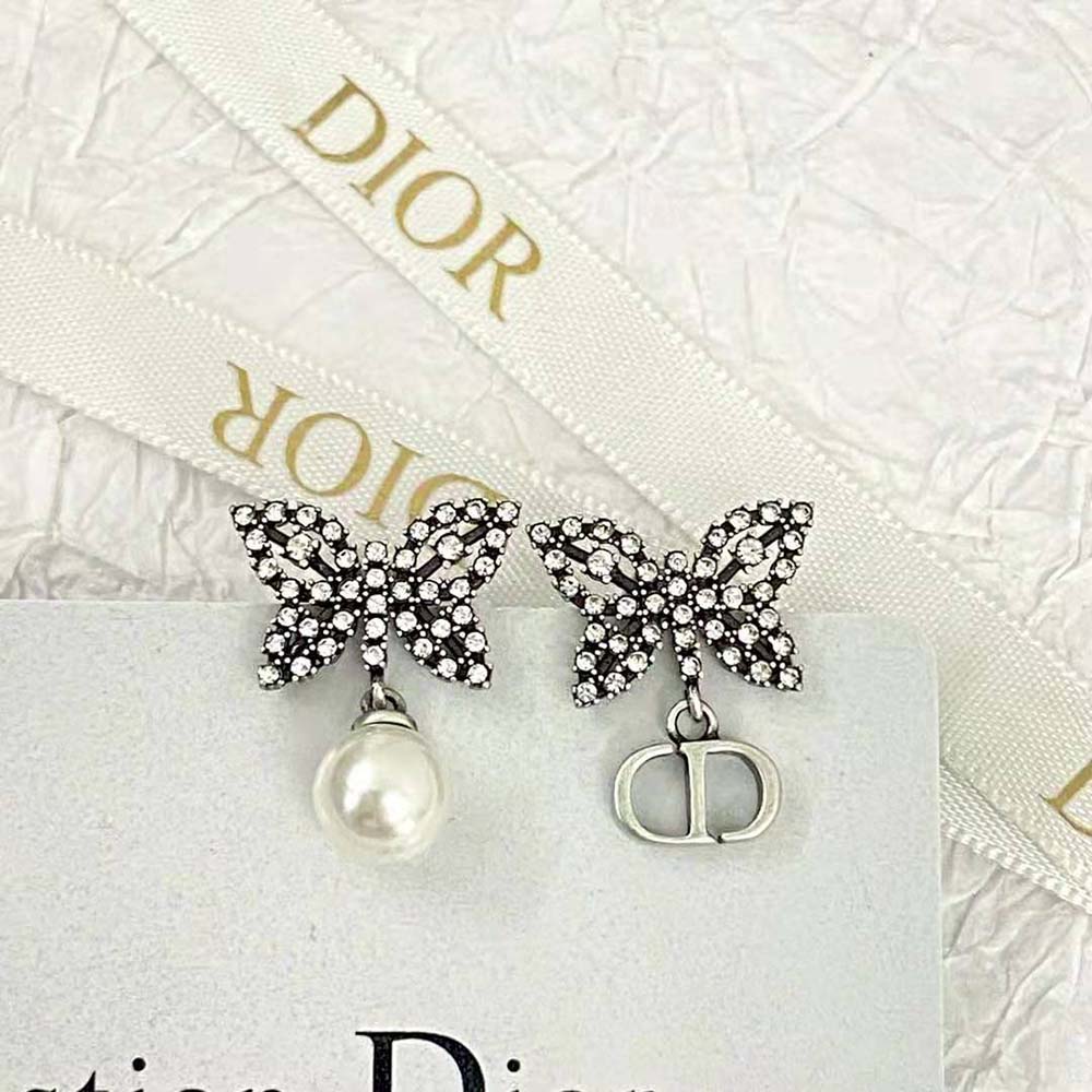 Dior Women Papillon De Nuit Earrings Antique Silver-Finish Metal with White Resin Pearl (2)