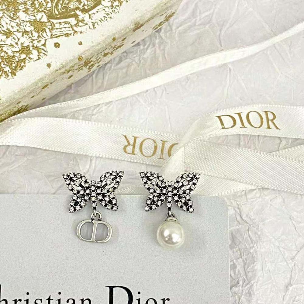 Dior Women Papillon De Nuit Earrings Antique Silver-Finish Metal with White Resin Pearl (4)