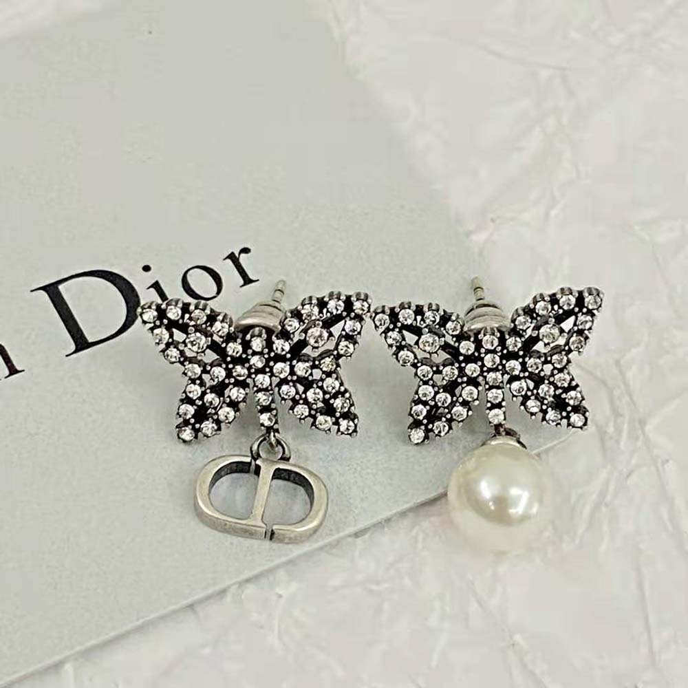 Dior Women Papillon De Nuit Earrings Antique Silver-Finish Metal with White Resin Pearl (6)