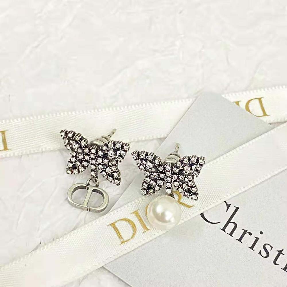 Dior Women Papillon De Nuit Earrings Antique Silver-Finish Metal with White Resin Pearl (7)