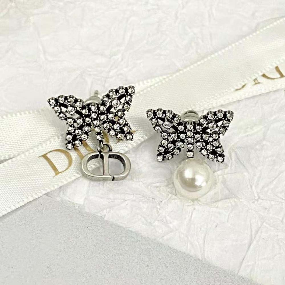 Dior Women Papillon De Nuit Earrings Antique Silver-Finish Metal with White Resin Pearl (8)