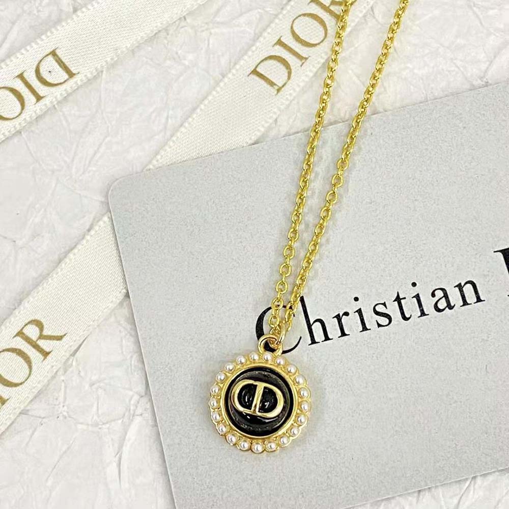 Dior Women Petit CD Necklace Gold-Finish Metal with White Resin Pearls and Latte Glass (5)