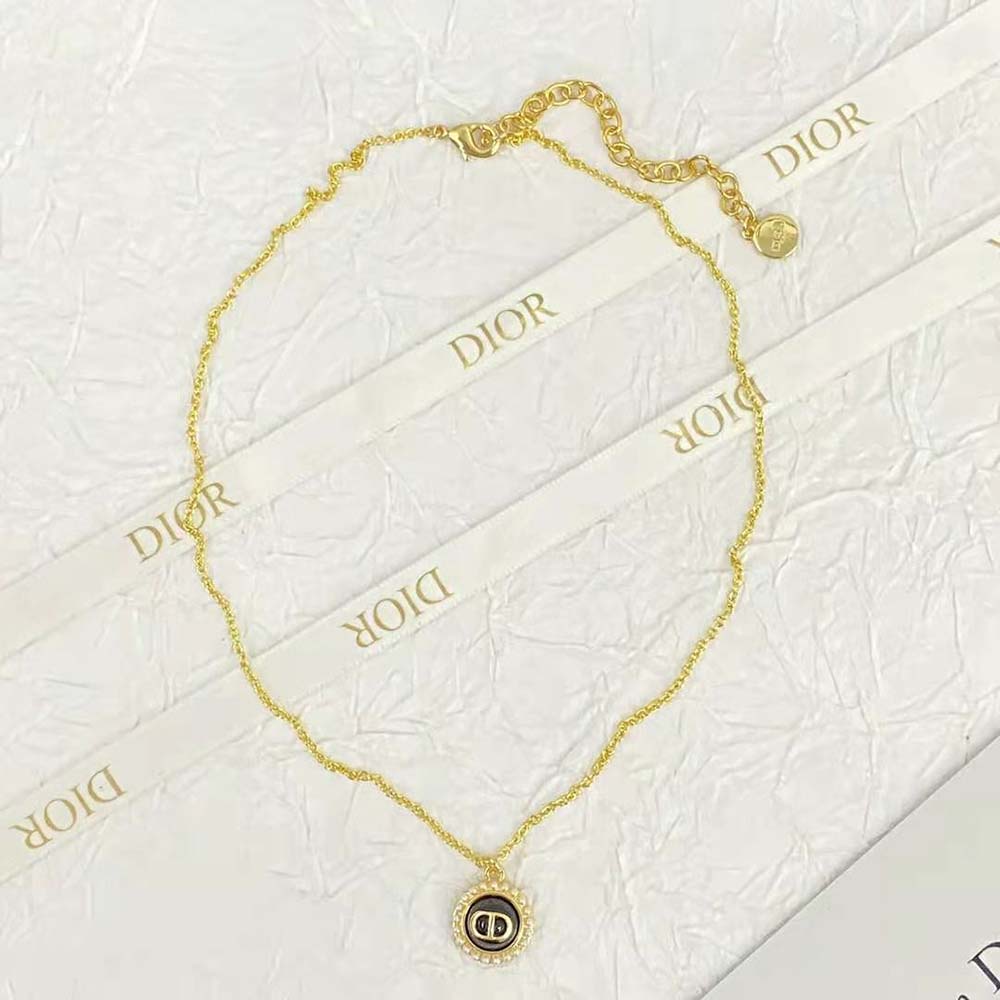 Dior Women Petit CD Necklace Gold-Finish Metal with White Resin Pearls and Latte Glass (6)