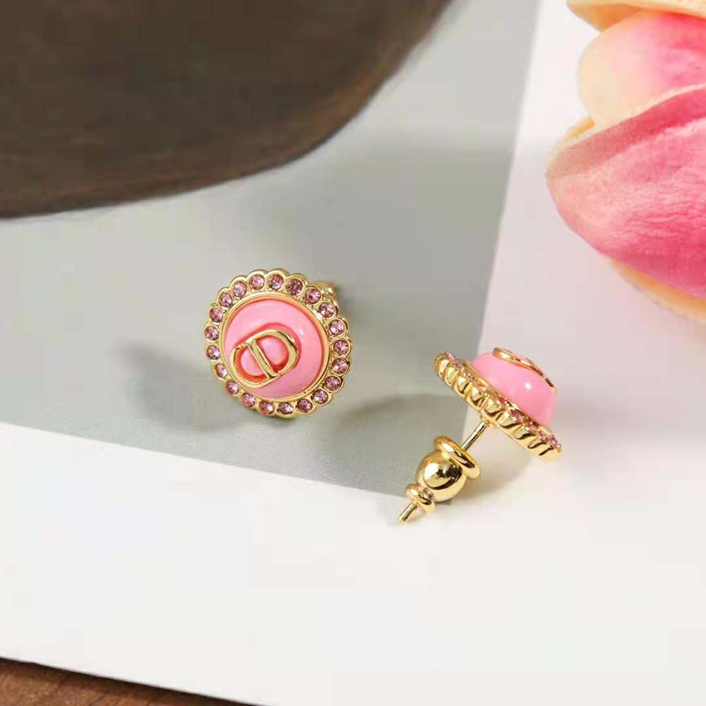 Dior Women Petit CD Stud Earrings Gold-Finish Metal Pink Crystals and Light Pink Glass (11)