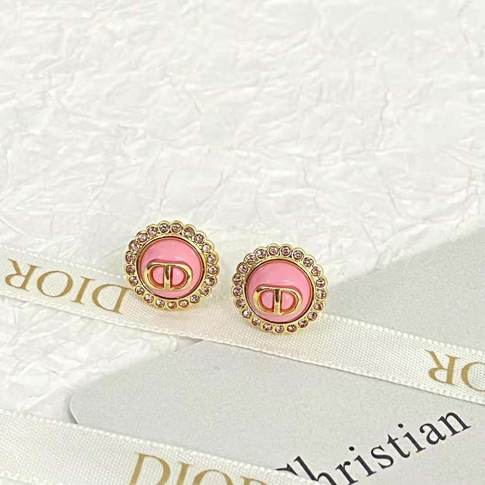 Dior Women Petit CD Stud Earrings Gold-Finish Metal Pink Crystals and Light Pink Glass (2)