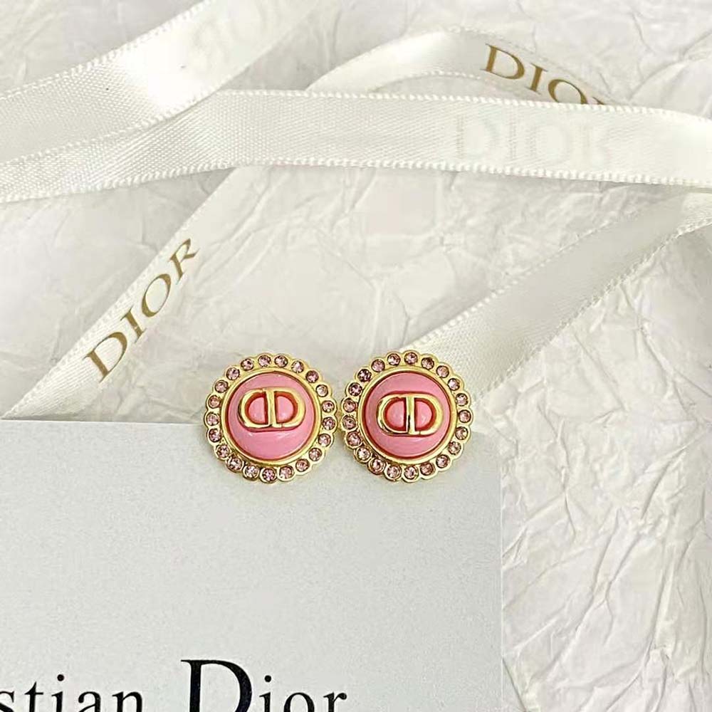 Dior Women Petit CD Stud Earrings Gold-Finish Metal Pink Crystals and Light Pink Glass (4)