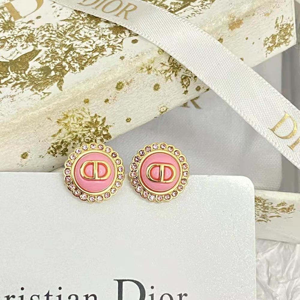 Dior Women Petit CD Stud Earrings Gold-Finish Metal Pink Crystals and Light Pink Glass (5)