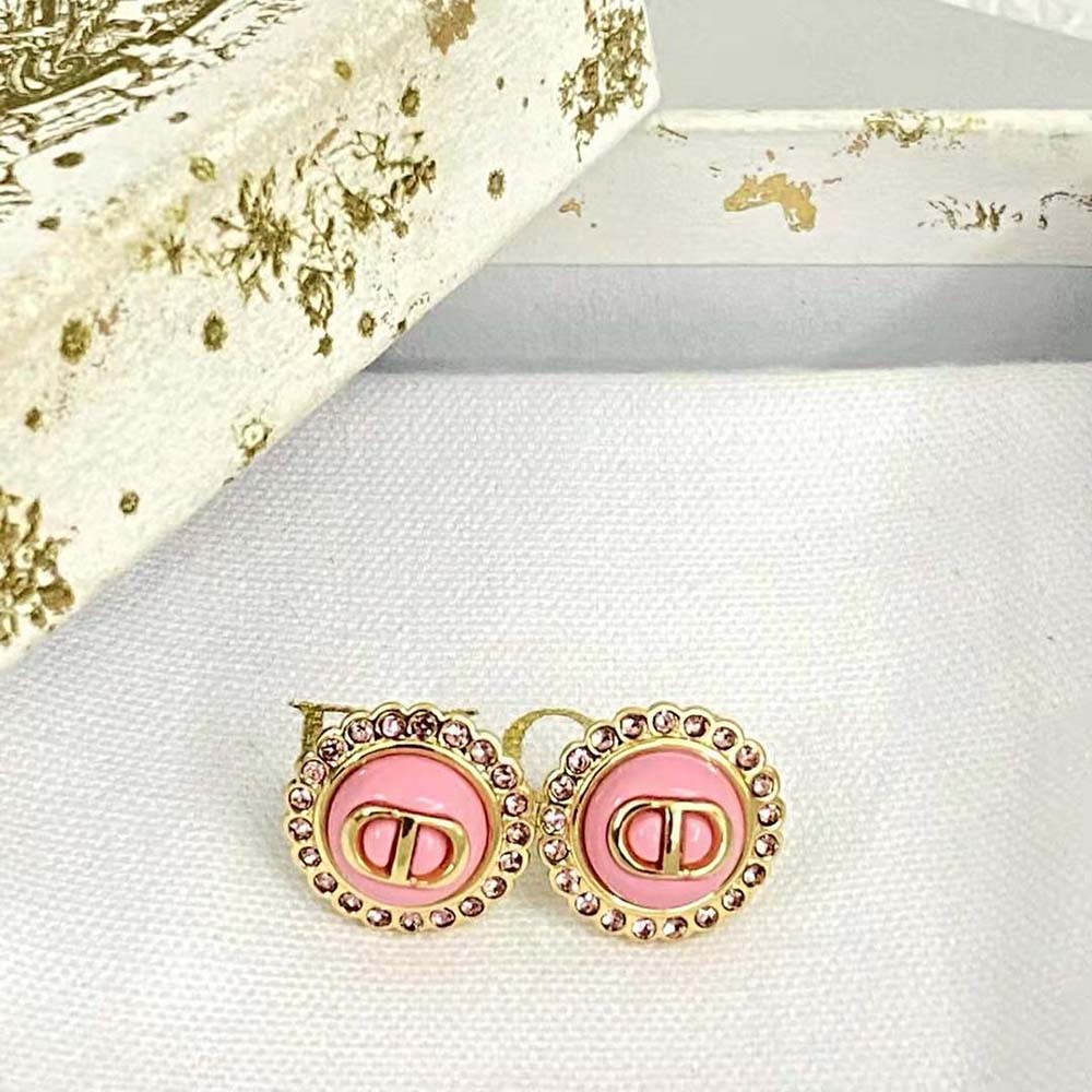 Dior Women Petit CD Stud Earrings Gold-Finish Metal Pink Crystals and Light Pink Glass (7)