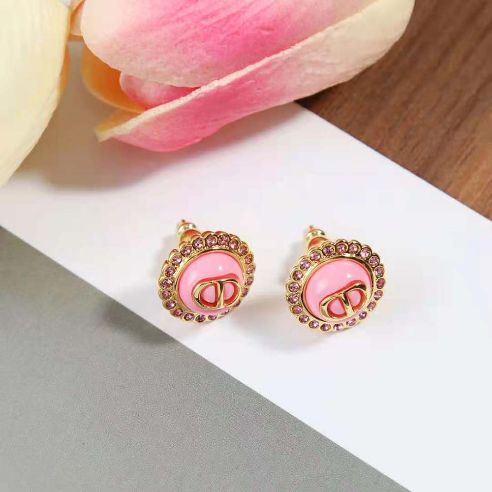 Dior Women Petit CD Stud Earrings Gold-Finish Metal Pink Crystals and Light Pink Glass (9)