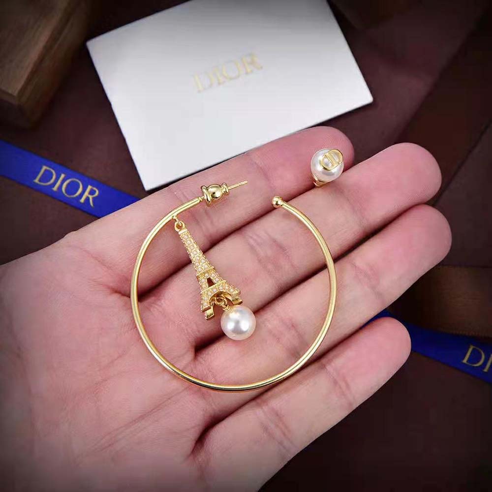 Dior Women Plan De Paris Earrings Gold-Finish Metal and White Resin Pearls (3)