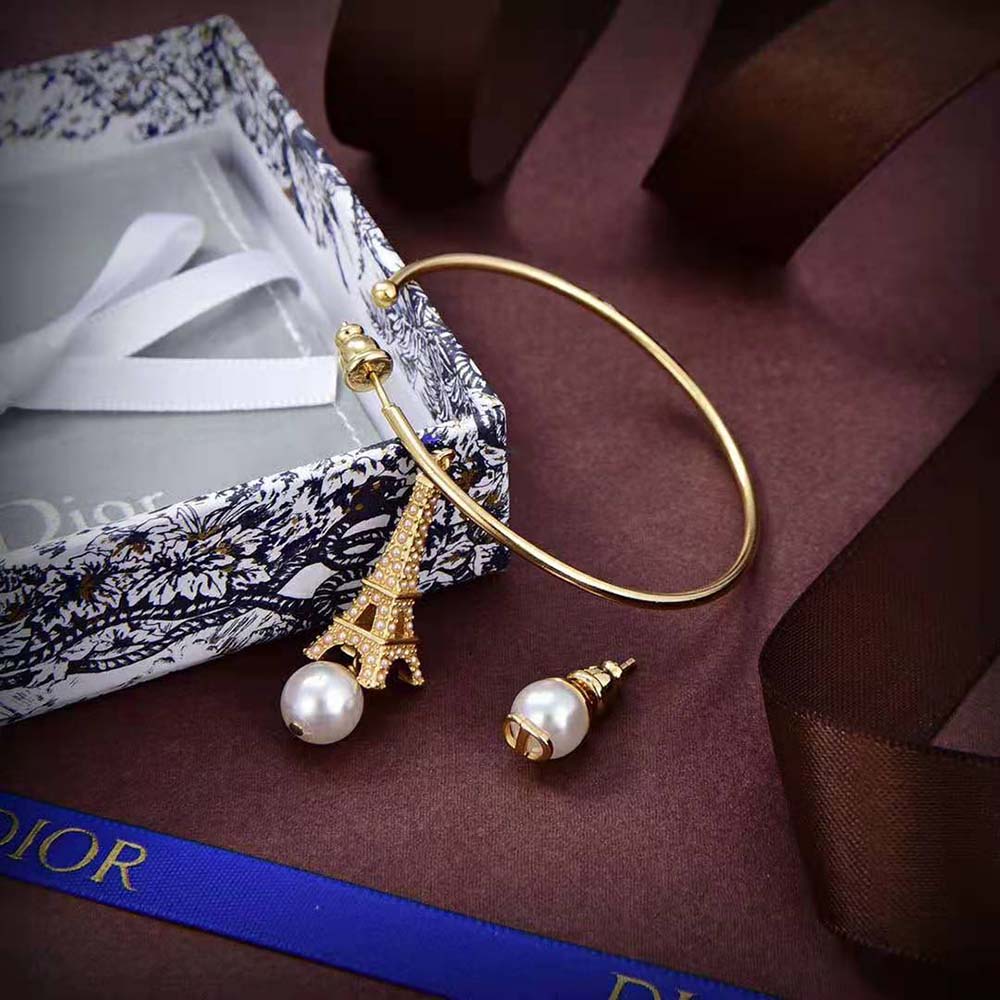 Dior Women Plan De Paris Earrings Gold-Finish Metal and White Resin Pearls (7)